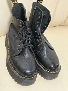 Dr. Martens Black Platform Lace-Up Boots with Yellow Stitching
